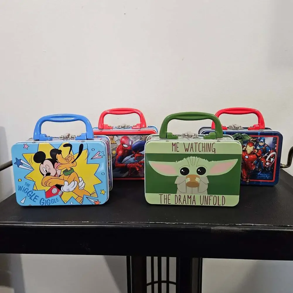 Lot of 4 collectible mini tin lunch boxes Disney Marvel Grogu Spider Man Mickey